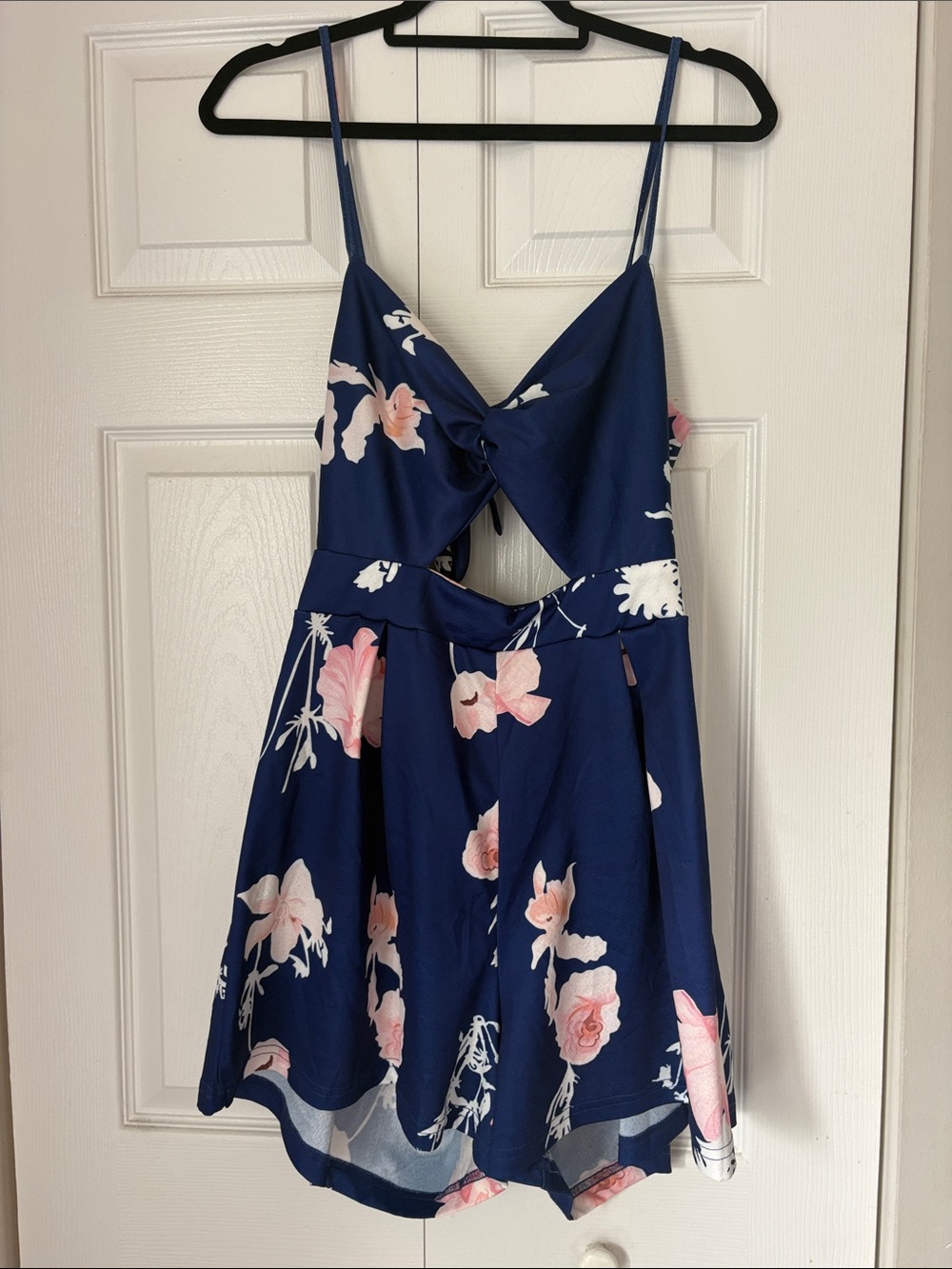 Navy Floral Cutout Romper with Pink Blooms